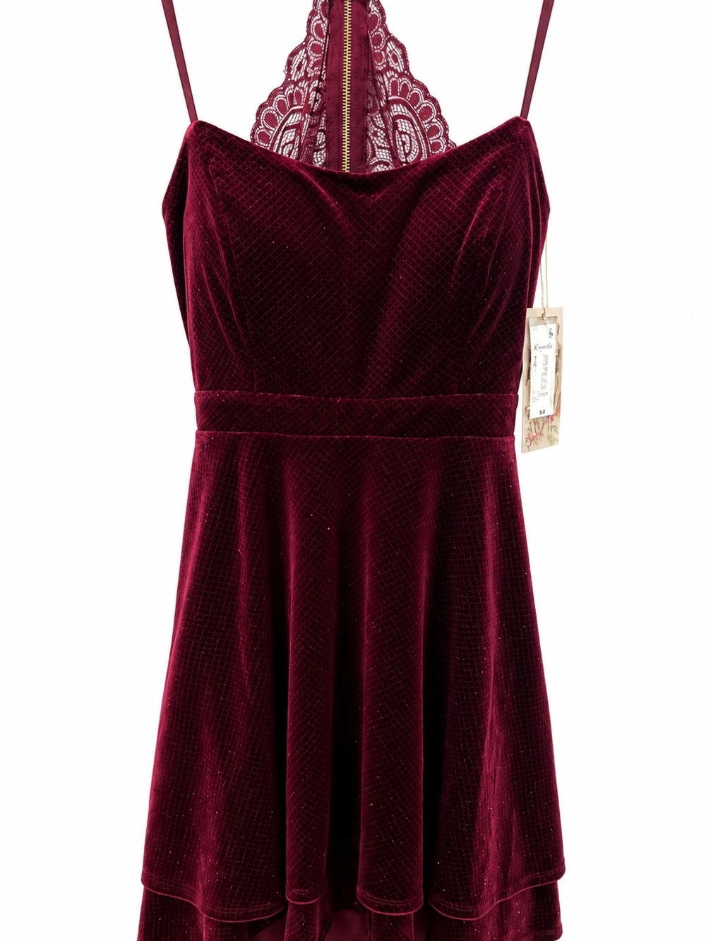 Honey and Rosie Burgundy Velvet Lace Back Dress – Size Large NWT 🔥